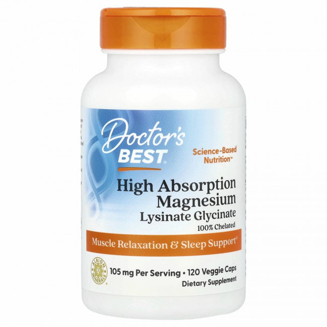 Doctor's Best, легкоусвояемый магний, на 100% в хелатной форме, лизинат и глицинат, 52.5 мг, 120 вегетарианских капсул Doctor's Best, легкоусвояемый магний, на 100% в хелатной форме, лизинат и глицинат, 52.5 мг, 120 вегетарианских капсул
