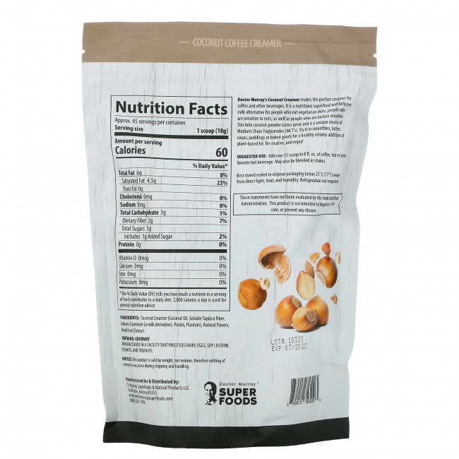 Dr. Murray's, Super Foods, Keto Coconut Creamer, Hazelnut, 16 oz (453.5 g) Dr. Murray's, Super Foods, Keto Coconut Creamer, Hazelnut, 16 oz (453.5 g)