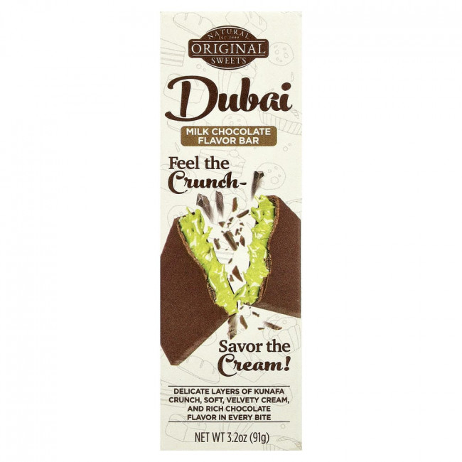 Натуральные шоколадные батончики Original Natural Sweets, Dubai Milk Chocolate Bar, 91 г (3,2 унции)
