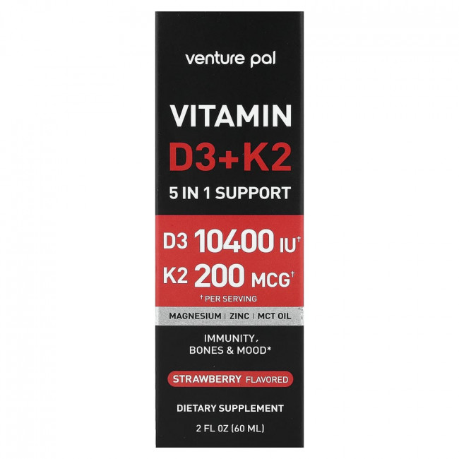 Venture Pal, витамин D3 + K2, клубника, 60 мл (2 жидких унции)