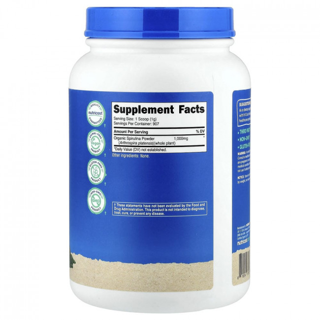 Nutricost, органическая спирулина, без вкусовых добавок, 907 г (32,4 унции)