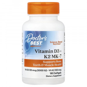Doctor's Best, Витамин D3 + K2 MK-7, 180 мягких капсул