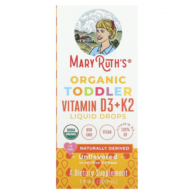 MaryRuth Organics, Органические жидкие капли с витаминами D3 и K2 для малышей, для детей от 1 до 3 лет, без добавок, 30 мл (1 жидк. Унция) MaryRuth Organics, Органические жидкие капли с витаминами D3 и K2 для малышей, для детей от 1 до 3 лет, без добавок, 30 мл (1 жидк. Унция)