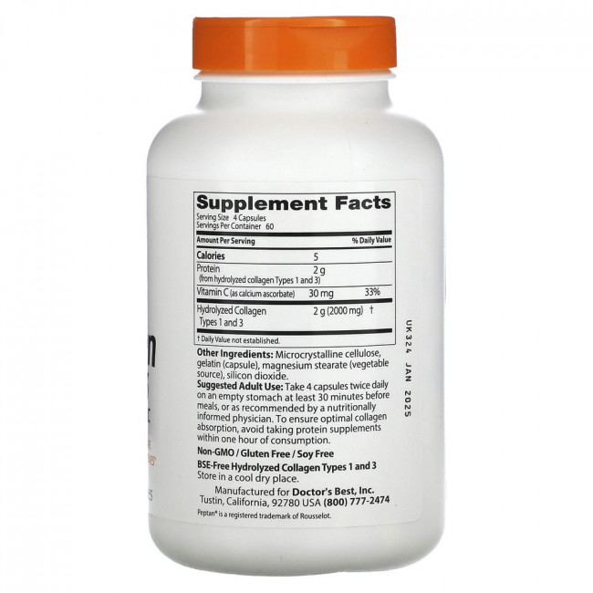 Doctor's Best, Peptan, коллаген 1 и 3 типов с витамином C, 500 мг, 240 капсул
