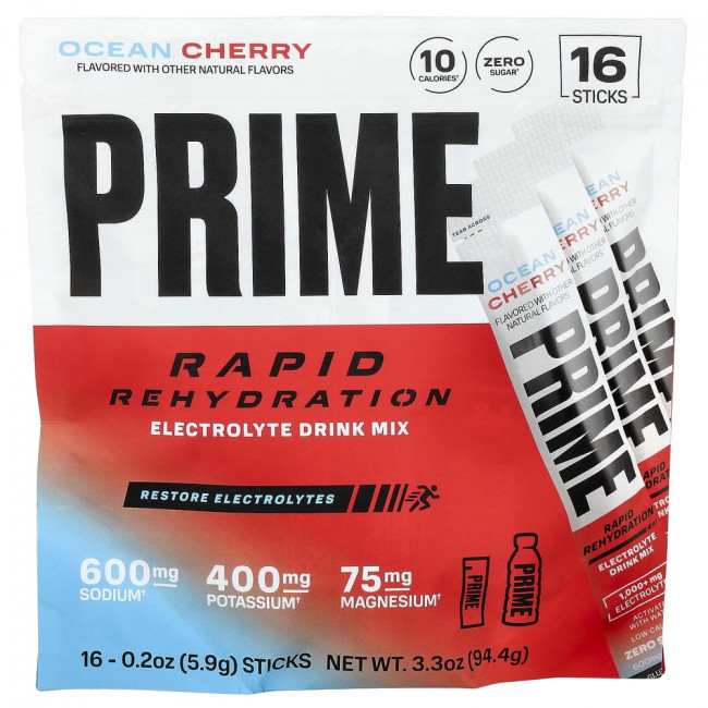 Prime Hydration, Rapid Rehydration, электролитный напиток со вкусом морской вишни, 16 стиков, по 5,9 г каждый.