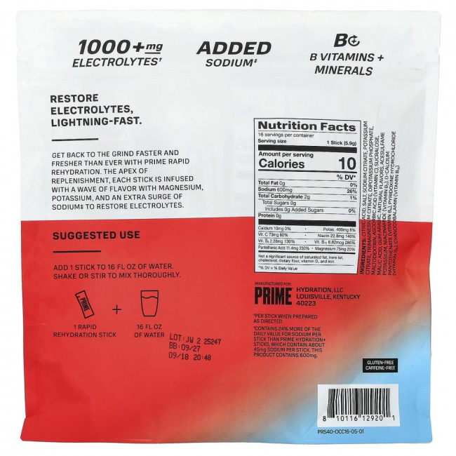 Prime Hydration, Rapid Rehydration, электролитный напиток со вкусом морской вишни, 16 стиков, по 5,9 г каждый.