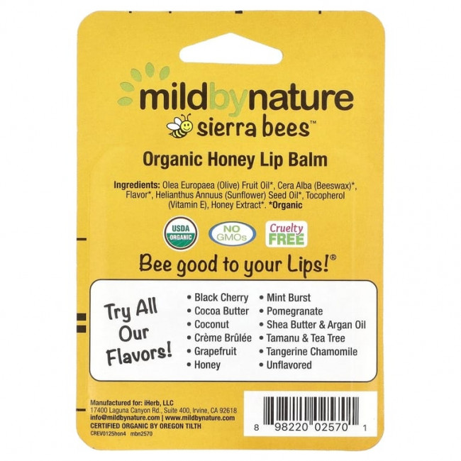 Mild By Nature, Sierra Bees™, органические бальзамы для губ, мёд, упаковка из 4 шт. по 4,25 г (0,15 унции)