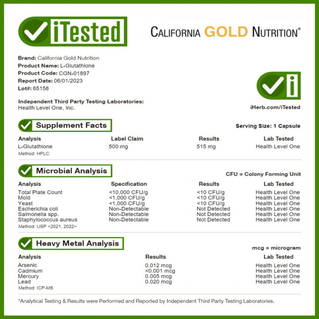 California Gold Nutrition, L-глутатион (восстановленный), 500 мг, 30 растительных капсул