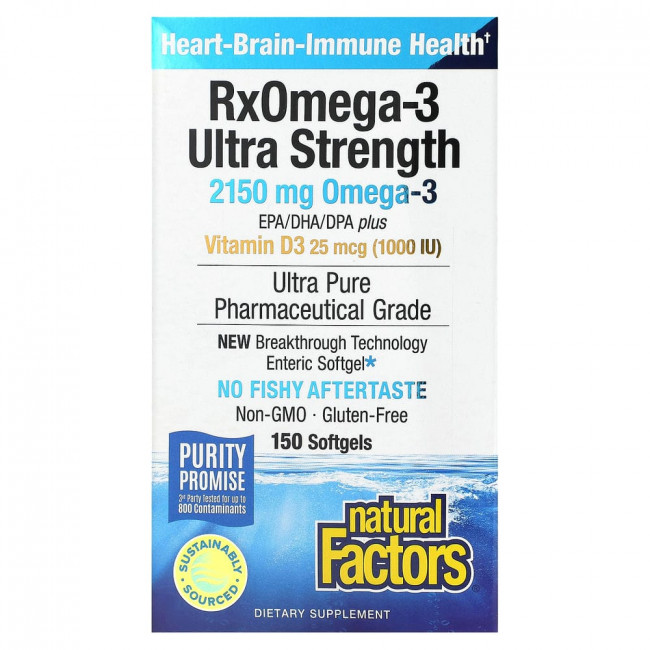 Natural Factors, Ultra Strength, RxOmega-3, с витамином D3, 900 мг ЭПК/ДГК (эйкозапентаеновая/докозагексаеновая кислота), 150 гелевых капсул Enteripure