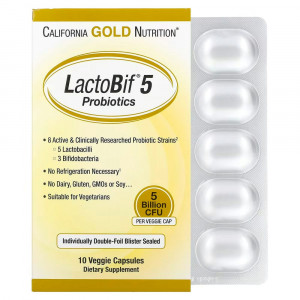California Gold Nutrition, LactoBif, пробиотики, 5 млрд КОЕ, 10 растительных капсул California Gold Nutrition, LactoBif, пробиотики, 5 млрд КОЕ, 10 растительных капсул