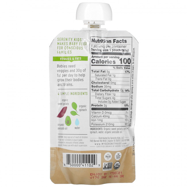 Serenity Kids, Organic Sweet Potato & Spinach with Avocado Oil, 6+ Months, 3.5 oz (99 g) Serenity Kids, Organic Sweet Potato & Spinach with Avocado Oil, 6+ Months, 3.5 oz (99 g)