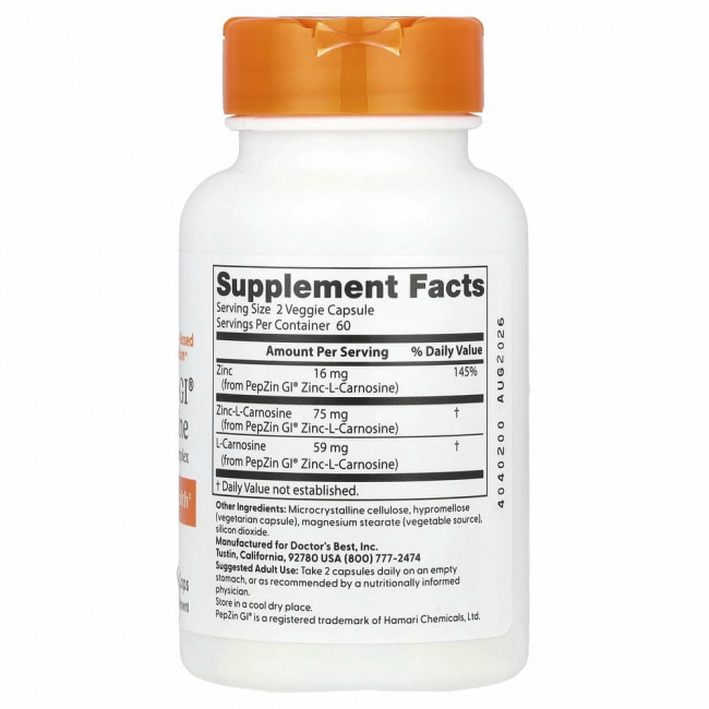 Doctor's Best, PepZin GI, комплекс цинк-L-карнозина, 120 вегетарианских капсул