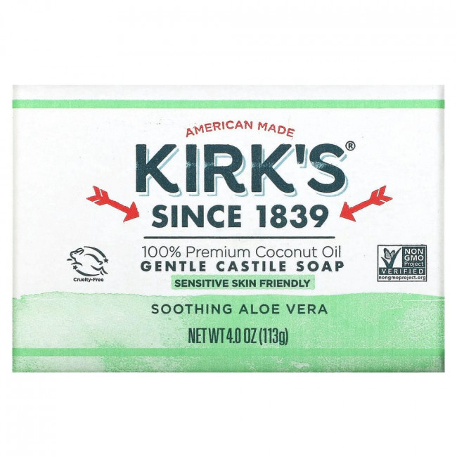 Kirk's, 100% кокосовое масло премиального качества, мягкое кастильское мыло, успокаивающее алоэ вера, 113 г (4 унции) Kirk's, 100% кокосовое масло премиального качества, мягкое кастильское мыло, успокаивающее алоэ вера, 113 г (4 унции)