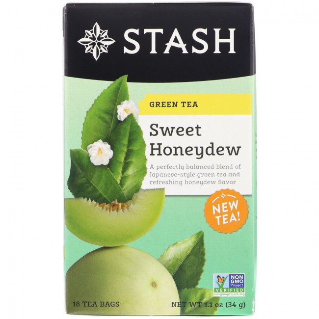 Stash Tea, Зеленый чай, сладкая мускатная дыня, 18 чайных пакетиков, 34 г Stash Tea, Зеленый чай, сладкая мускатная дыня, 18 чайных пакетиков, 34 г