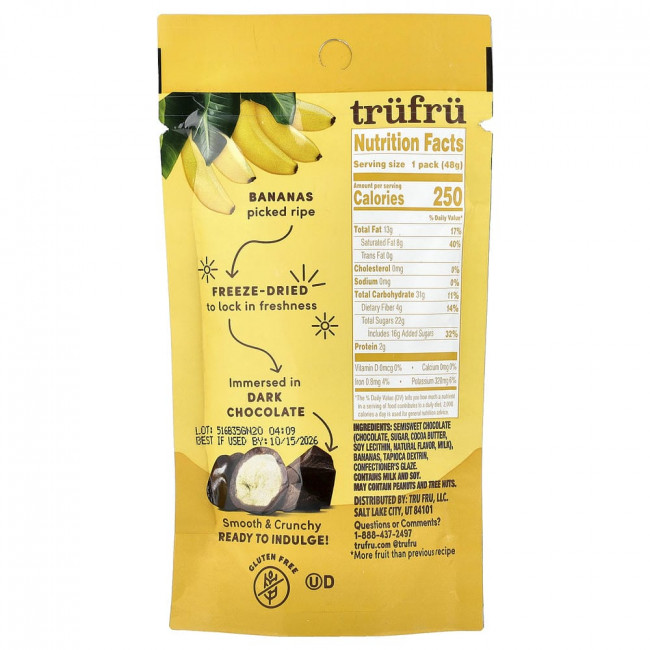 Tru Fru, сушеные бананы, темный шоколад, 48 г