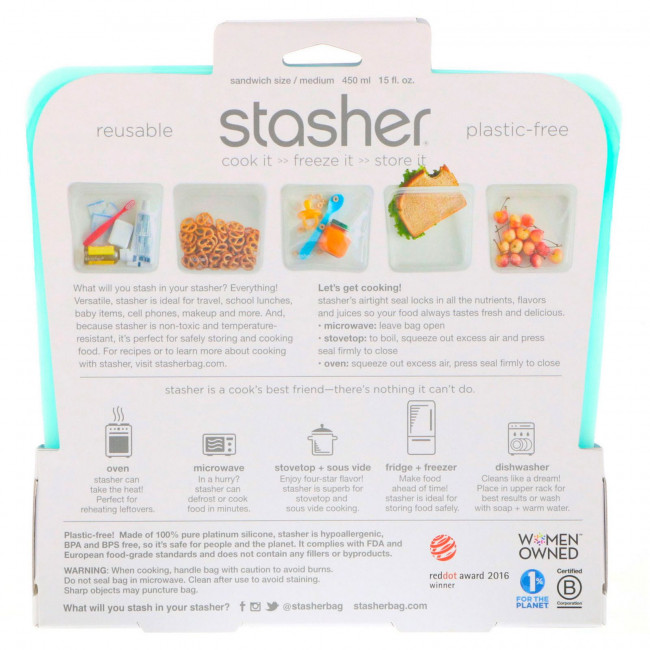 Stasher, Aqua, многоразовый силиконовый контейнер для еды, удобный размер для бутербродов, средний, 450 мл (15 жидк. унций)