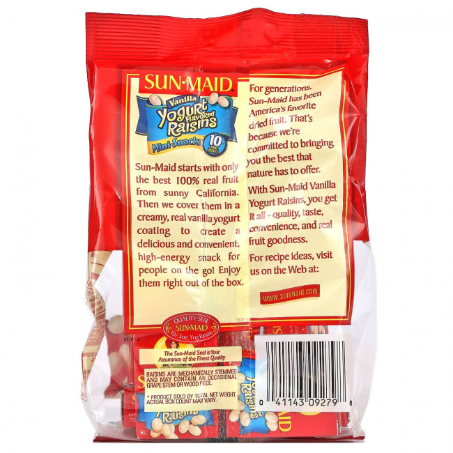 Sun-Maid, Изюм со вкусом йогурта, мини-закуски, ваниль, 10 упаковок, 142 г (5 унций) Sun-Maid, Изюм со вкусом йогурта, мини-закуски, ваниль, 10 упаковок, 142 г (5 унций)