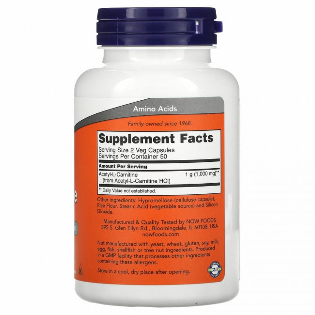 NOW Foods, Ацетил-L-карнитин, 500 мг, 100 растительных капсул NOW Foods, Ацетил-L-карнитин, 500 мг, 100 растительных капсул
