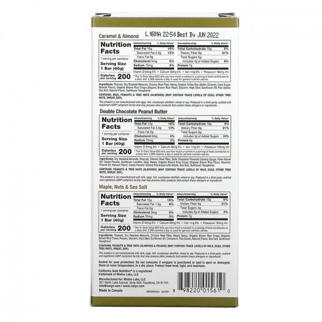 California Gold Nutrition, Перекусы, упаковка со снек-батончиками, 3 батончика по 40 г (1,4 унции) каждый