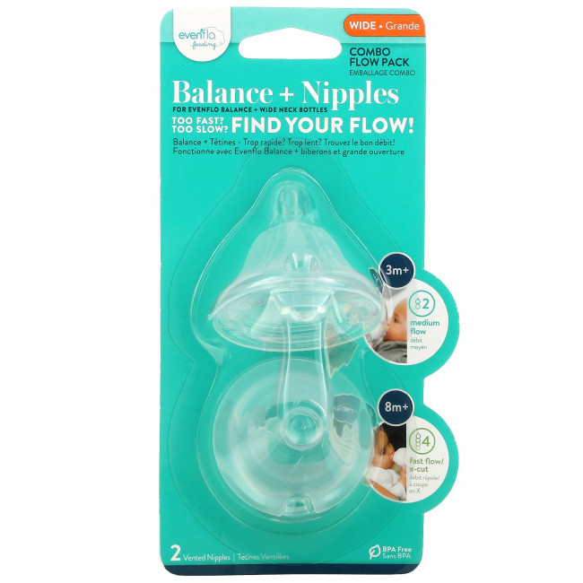 Evenflo Feeding, Balance + Nipples, Combo Flow Pack, широкие, для детей от 3 месяцев, средний размер, 2 вентилируемые соски Evenflo Feeding, Balance + Nipples, Combo Flow Pack, широкие, для детей от 3 месяцев, средний размер, 2 вентилируемые соски