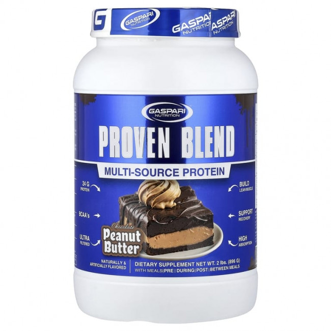 Gaspari Nutrition, Proven Blend, смесь протеинов из разных источников, шоколад и арахисовое масло, 896 г (2 фунта) Gaspari Nutrition, Proven Blend, смесь протеинов из разных источников, шоколад и арахисовое масло, 896 г (2 фунта)