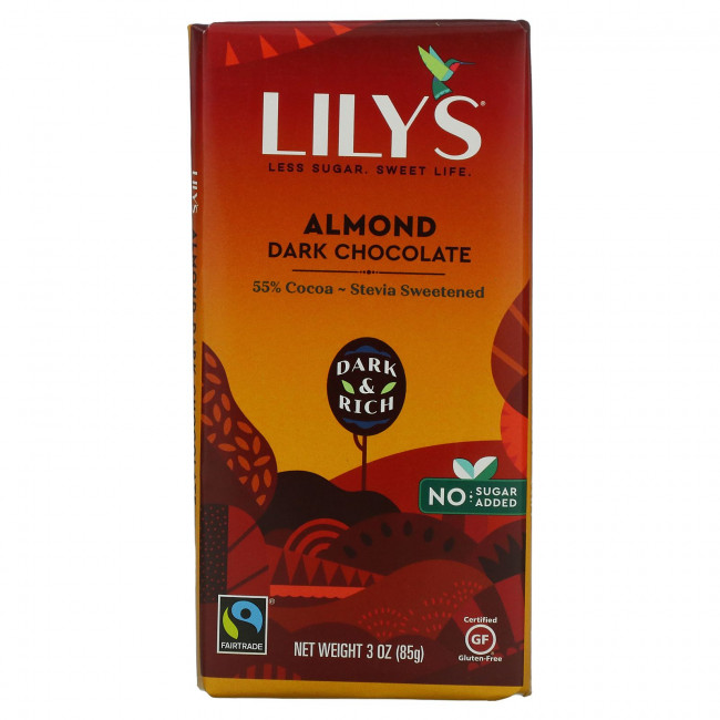 Lily's Sweets, Батончик темного шоколада 55% какао, миндаль, 85 г (3 унции) Lily's Sweets, Батончик темного шоколада 55% какао, миндаль, 85 г (3 унции)