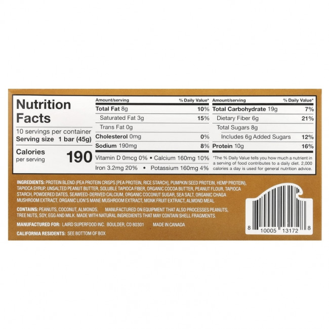 Laird Superfood, Протеиновый батончик + адаптогены, арахисовая паста, 10 батончиков по 45 г (1,6 унции) Laird Superfood, Протеиновый батончик + адаптогены, арахисовая паста, 10 батончиков по 45 г (1,6 унции)
