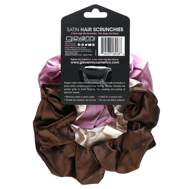 Giovanni, Satin Hair Scrunchies, Pink, Beige, Dark Brown, 3 Extra Large Hair Scrunchies