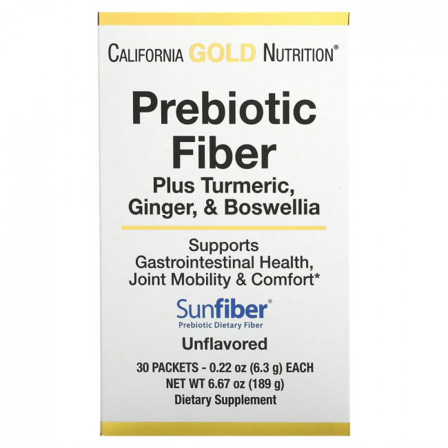 California Gold Nutrition, пребиотическая клетчатка с куркумой, имбирем и босвеллией, 30 пакетиков по 6,3 г (0,22 унции) каждый California Gold Nutrition, пребиотическая клетчатка с куркумой, имбирем и босвеллией, 30 пакетиков по 6,3 г (0,22 унции) каждый