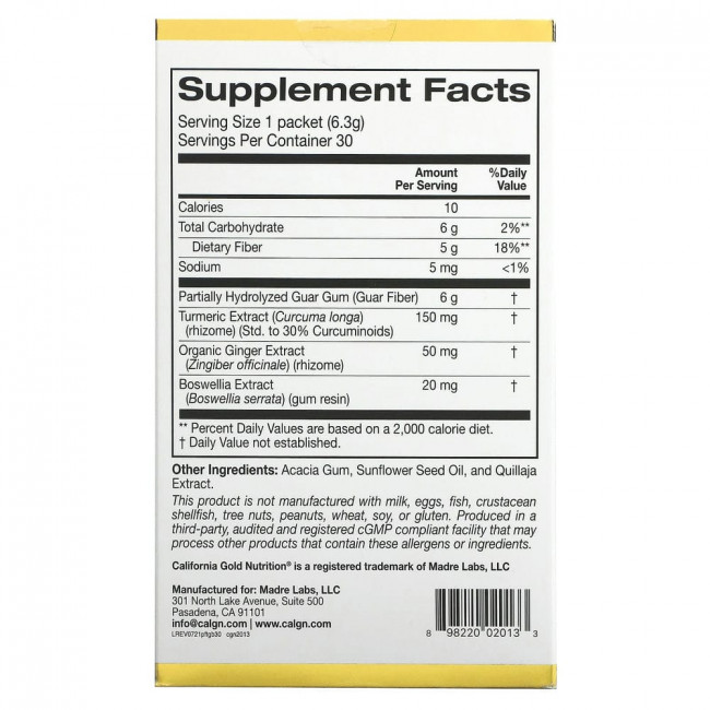 California Gold Nutrition, пребиотическая клетчатка с куркумой, имбирем и босвеллией, 30 пакетиков по 6,3 г (0,22 унции) каждый California Gold Nutrition, пребиотическая клетчатка с куркумой, имбирем и босвеллией, 30 пакетиков по 6,3 г (0,22 унции) каждый