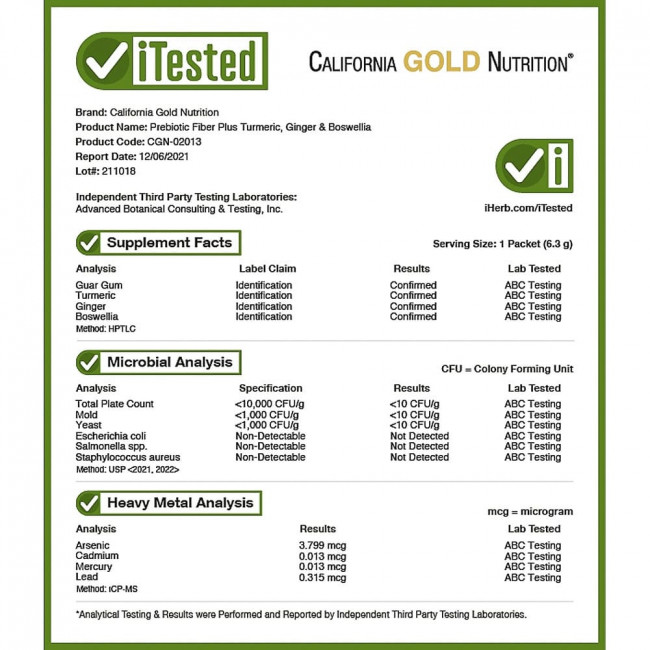 California Gold Nutrition, пребиотическая клетчатка с куркумой, имбирем и босвеллией, 30 пакетиков по 6,3 г (0,22 унции) каждый California Gold Nutrition, пребиотическая клетчатка с куркумой, имбирем и босвеллией, 30 пакетиков по 6,3 г (0,22 унции) каждый