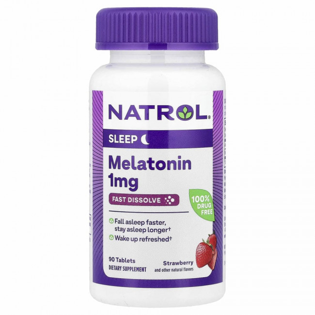 Natrol, Мелатонин, быстрорастворимый, клубника, 1 мг, 90 таблеток