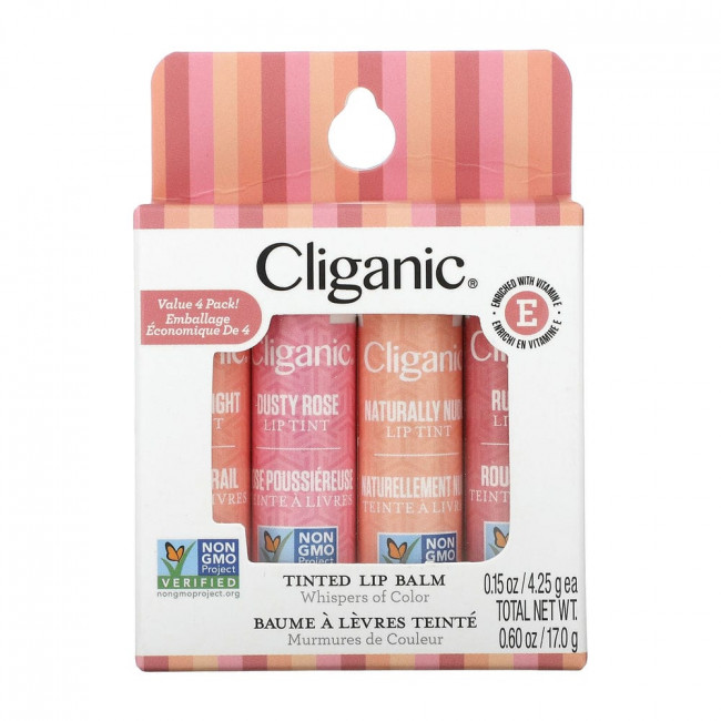Cliganic, Тонирующий бальзам для губ, оттенок цвета, 4 шт. В упаковке, по 4,25 г (0,15 унции)