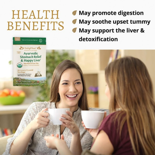 DelighTeas, Ayurvedic Stomach Relief & Happy Liver, травяной чай для выведения токсинов, без кофеина, 30 роскошных чайных пакетиков Pyramid, 120 г (4,2 унции)