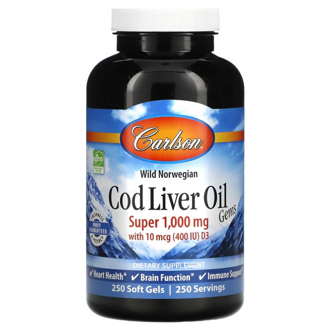 Carlson Labs, Cod Liver Oil Gems, капсулы из жира печени дикой норвежской трески, высшего качества, 1000 мг, 250 капсул Carlson Labs, Cod Liver Oil Gems, капсулы из жира печени дикой норвежской трески, высшего качества, 1000 мг, 250 капсул