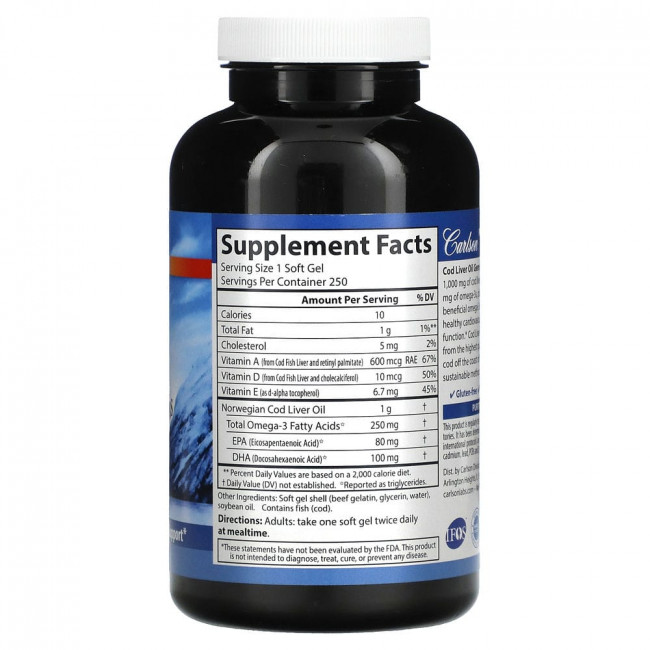 Carlson Labs, Cod Liver Oil Gems, капсулы из жира печени дикой норвежской трески, высшего качества, 1000 мг, 250 капсул Carlson Labs, Cod Liver Oil Gems, капсулы из жира печени дикой норвежской трески, высшего качества, 1000 мг, 250 капсул