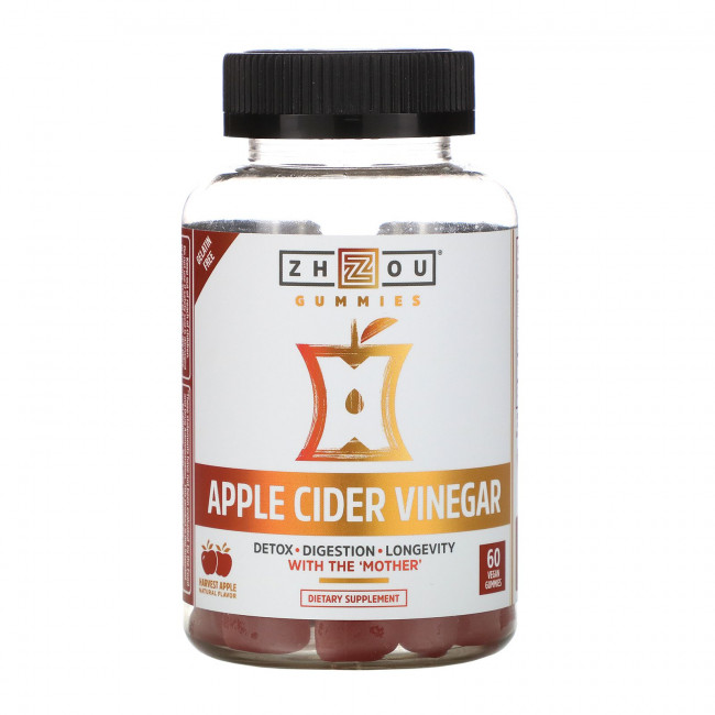 Zhou Nutrition, Яблочный уксус, урожай яблока, 60 веганских жевательных мармеладок Zhou Nutrition, Яблочный уксус, урожай яблока, 60 веганских жевательных мармеладок