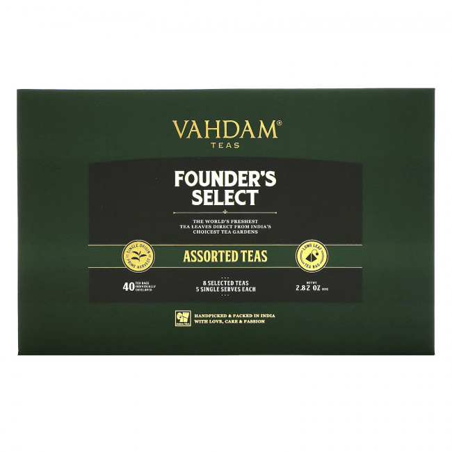 Vahdam Teas, Founder's Select, ассорти чаев, 40 чайных пакетиков, 80 г ,(2,82 унции) Vahdam Teas, Founder's Select, ассорти чаев, 40 чайных пакетиков, 80 г ,(2,82 унции)