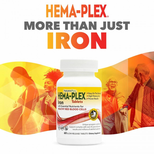 NaturesPlus, Hema-Plex, железо с незаменимыми питательными веществами для здоровых эритроцитов, 60 таблеток с медленным высвобождением NaturesPlus, Hema-Plex, железо с незаменимыми питательными веществами для здоровых эритроцитов, 60 таблеток с медленным высвобождением