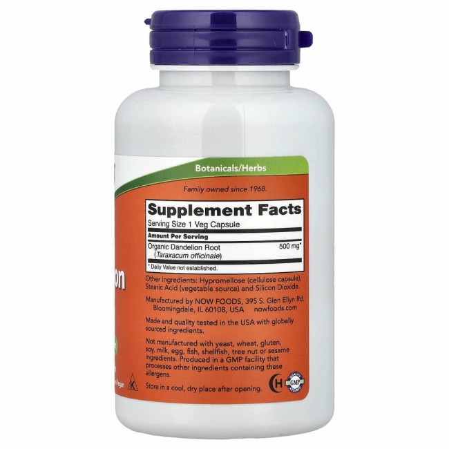 NOW Foods, корень одуванчика, 500 мг, 100 вегетарианских капсул
