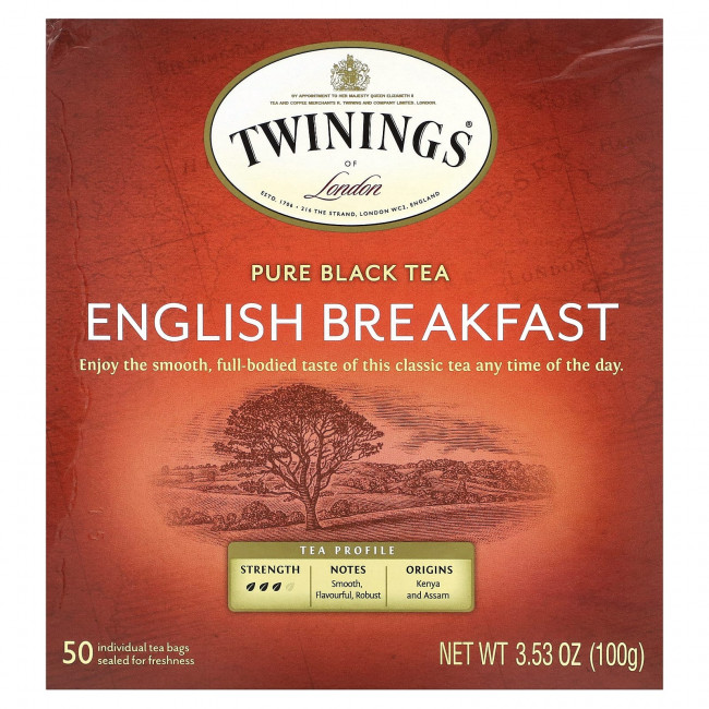 Twinings, Чистый черный чай, английский завтрак, 50 чайных пакетиков, 100 г (3,53 унции) Twinings, Чистый черный чай, английский завтрак, 50 чайных пакетиков, 100 г (3,53 унции)