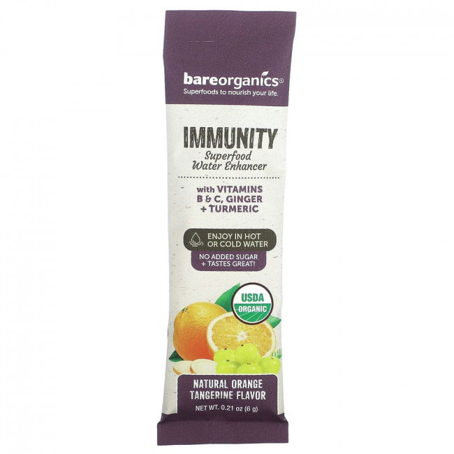 BareOrganics, Immunity, Superfood Water Enhancer, органический апельсин и мандарин, 5 пакетиков в стиках по 6 г (0,21 унции)