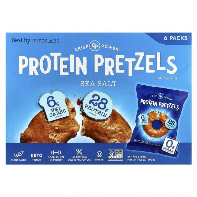 Crisp Power, Протеиновые крендели, морская соль, 6 пакетиков по 50 г (1,75 унции) Crisp Power, Протеиновые крендели, морская соль, 6 пакетиков по 50 г (1,75 унции)