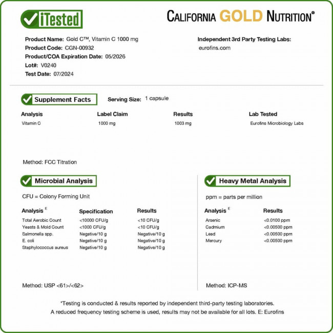 California Gold Nutrition, Gold C, витамин C, 1000 мг, 240 вегетарианских капсул