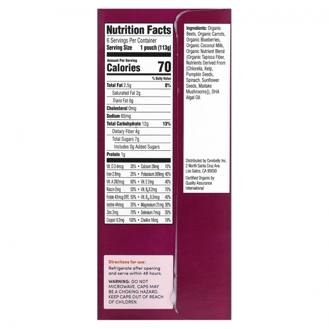 Cerebelly, Organic Baby Puree, Beet, Carrot, Blueberry With Coconut Milk, 6 Pouches, 4 oz (113 g) Each Cerebelly, Organic Baby Puree, Beet, Carrot, Blueberry With Coconut Milk, 6 Pouches, 4 oz (113 g) Each