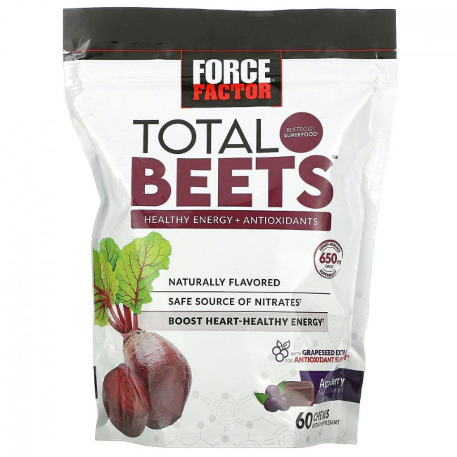 Force Factor, Total Beets, здоровый источник энергии и антиоксидантов, свекла и ягоды асаи, 325 мг, 60 жевательных таблеток Force Factor, Total Beets, здоровый источник энергии и антиоксидантов, свекла и ягоды асаи, 325 мг, 60 жевательных таблеток