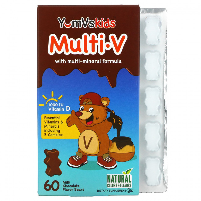 YumV's, Multi V, с мультиминеральной формулой, со вкусом молочного шоколада, 60 мишек YumV's, Multi V, с мультиминеральной формулой, со вкусом молочного шоколада, 60 мишек