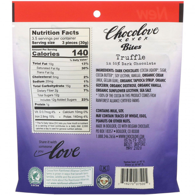 Chocolove, конфеты, трюфель в темном шоколаде 55%, 100 г (3,5 унции) Chocolove, конфеты, трюфель в темном шоколаде 55%, 100 г (3,5 унции)