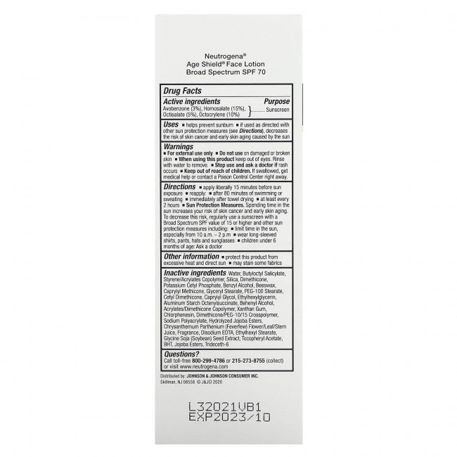 Neutrogena, Age Shield, солнцезащитное средство для лица, SPF 70, 88 мл (3 жидк. Унции)