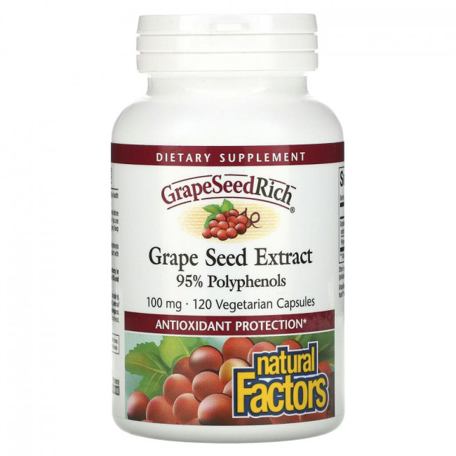 Natural Factors, GrapeSeedRich, экстракт виноградных косточек, 100 мг, 120 вегетарианских капсул